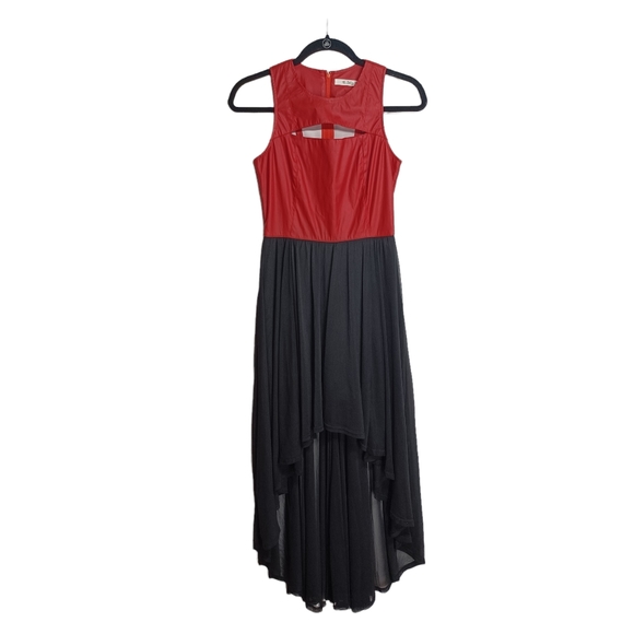 BETTER BE Red Faux Leather Cut Out Sleeveless High Low Mesh Midi Dress Small - Picture 3 of 9